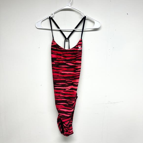 TYR Women One Piece Red & Black Durafast Elite Fizzy Cut outfit Size 34 - Picture 2 of 5